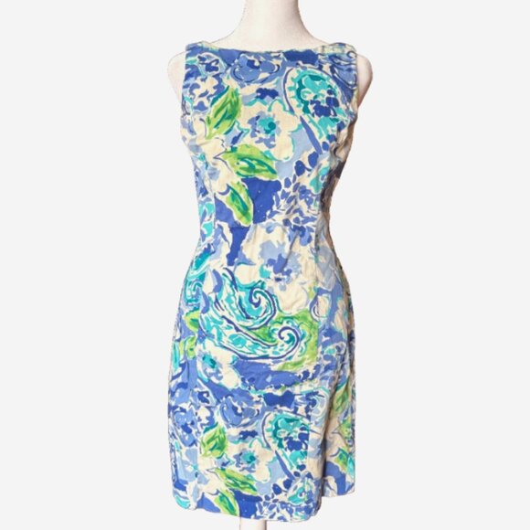 Chaps Ralph Lauren Blue Ivory Green Floral Fit & Flare Dress Women’s Size 4 - Picture 1 of 8